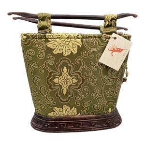 Vtg One of a Kind Purse Green Silk/ Wood Handles & Base Neshama Avara Yaron NWT